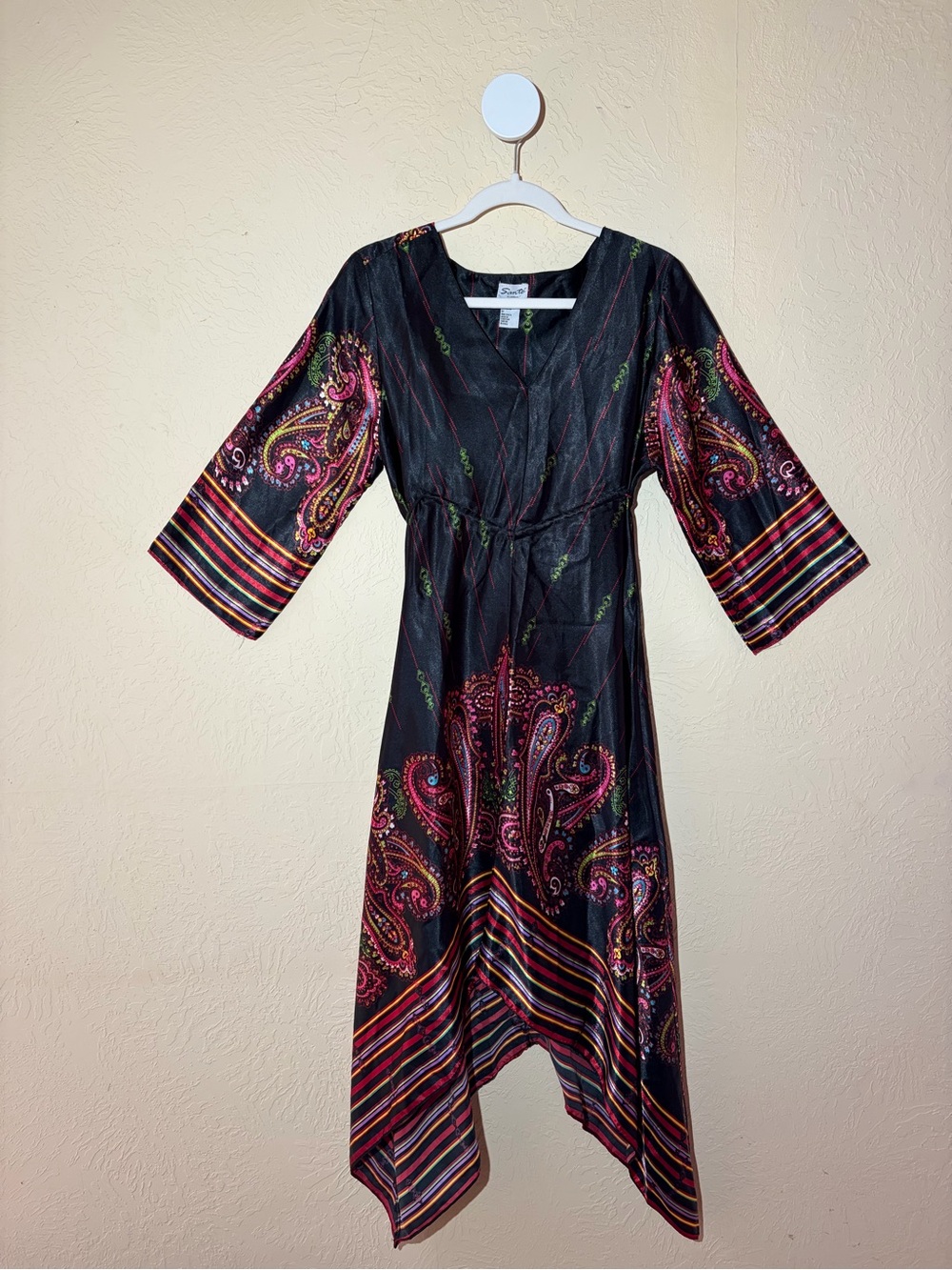 Sante Black Paisley Asymmetrical Midi Dress with Handkerchief Hem